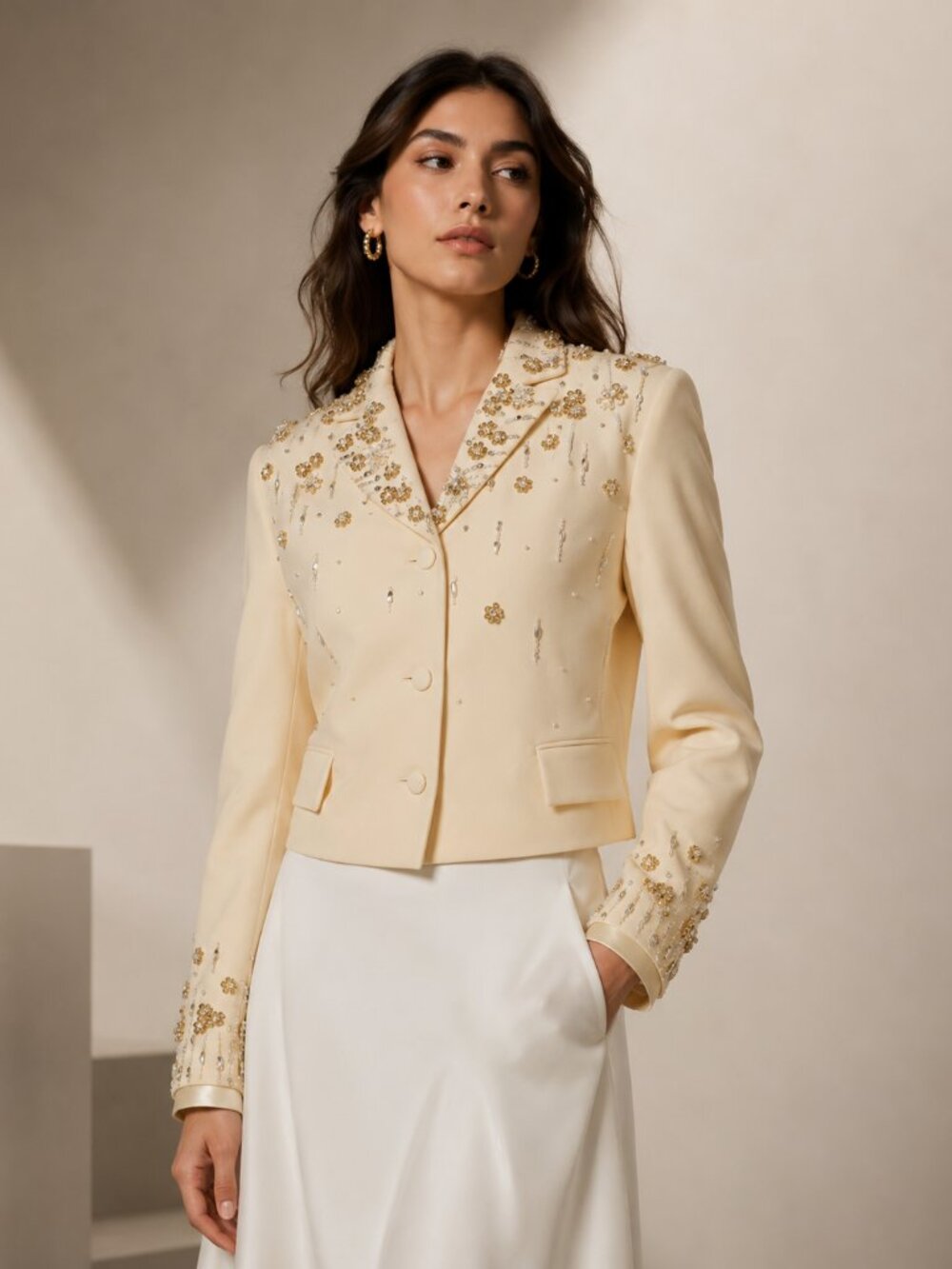 NWT - Miu Miu 2022 Ivory Crystal Beaded Evening Jacket, Size M
